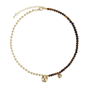 Elegant tiger eye stone and gold bead patchwork necklace with double ball pendants