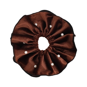 Elegant dark coffee velvet scrunchie with white pearls and ruffled texture for women