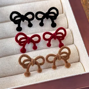 Retro Autumn Winter Flocked Bow Stud Earrings For Women Elegant Sweet Bowtie Earring Jewelry Accessory