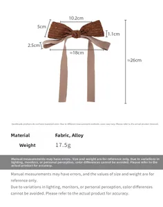 Detailed size specifications for the brown bow hair clip with long fabric ribbons