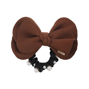 Elegant wool bow hair tie in dark brown with pearls and handmade metal charm detail