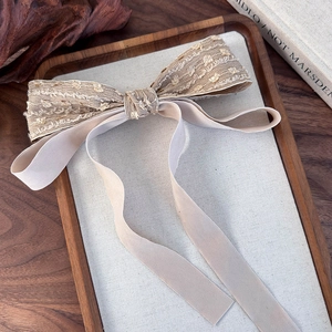 Detailed close-up of champagne lace embroidery and silk ribbon on the large bow hair clip