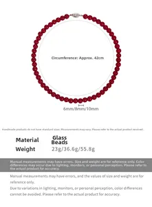 Tableau des tailles pour collier en perles de verre rouges, longueur 42cm et détails