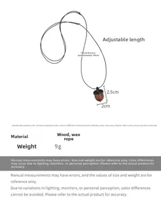 Detail of sandalwood acorn pendant with 100cm adjustable cord and size measurements