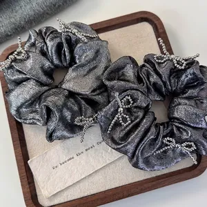 Metallic Luster Beaded Bow Scrunchie For Women Fashion Elastic Hair Tie Pleated Fabric Hair Ring Gentle Headwear Accessory