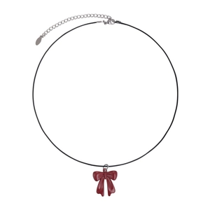 Elegant black wax rope necklace with a glossy deep red bow pendant for women