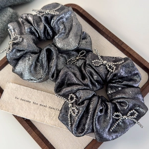 Elegant set of two silver beaded bow scrunchies with shimmery metallic finish fabric
