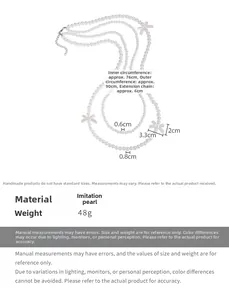Detailed size chart of double-layer faux pearl necklace with bow accents and chain lengths
