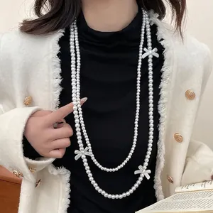 French Vintage Long Double Layer Artificial Pearl Sweater Necklace Elegant Faux Artificial Pearl Choker With Bow Charms For Women Party Jewelry Accessories