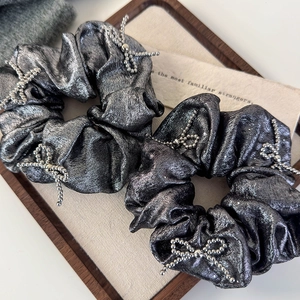 Elegant metallic grey sequin scrunchies with silver beaded bows for women hairstyle