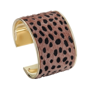 Retro leopard print faux fur open cuff bracelet with gold metal frame for women