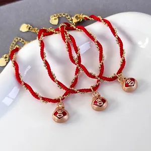 Handmade Red String Bracelet For Women Gold Plated Alloy Beads Lucky Bag Pendant Chinese Style Adjustable Cord Wristband