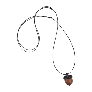 Vintage sandalwood acorn pendant necklace with adjustable black cord on white background