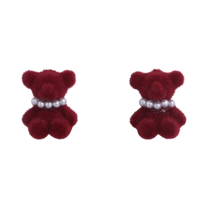 Boucles d'oreilles ours floqué rouge avec collier de perles pour mode d'hiver