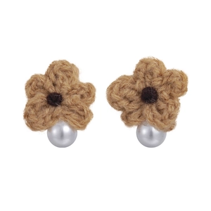 Handmade knitted wool flower earrings with pearl drop charms for women in brown tones