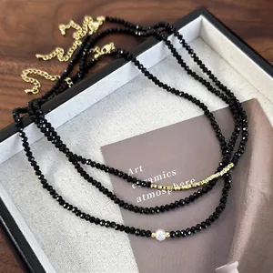 Black Artificial Crystal Beaded Necklace With White Artificial Pearl Gold Plated Alloy Details For Women Elegant Minimalist Jewelry