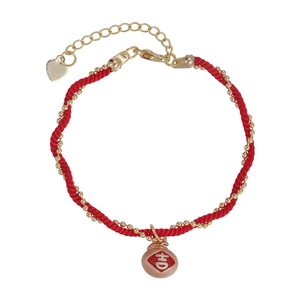 Handmade red cord bracelet with gold beads and lucky Ji character pendant charms