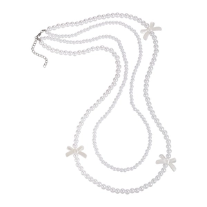Double-layered pearl necklace with bows for women, elegant white sweater chain style
