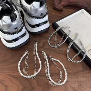 Fashionable double-layer sneaker shoe chains with faux pearls and metal lobster clasps