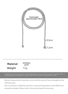 Long grey faux pearl sweater necklace 130cm length with size and weight details