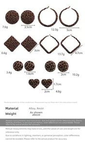 Size chart showing leopard print earrings dimensions and weights for diverse geometric styles