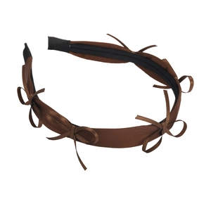 French style dark brown satin headband with elegant ribbon bows for women's hair styling