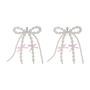 Charming pearl beaded bow shoe charms with pink ribbons and silver lobster clasps