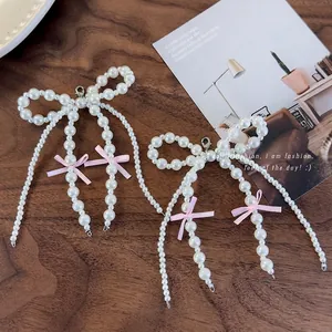 Korean Ballet Style Pink Ribbon Bow Faux Artificial Pearl Shoe Buckles Charms Decorative Beaded Tassel Pendant For Boots Sneakers Accessories Women Girls
