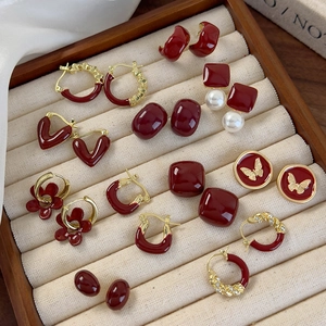 Vintage dark red and gold earrings collection with enamel heart and butterfly designs