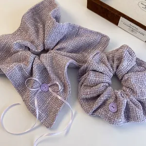 Vintage French Style Purple Tweed Scrunchie Set With Ribbon Bow And Button Decoration Elegant Knitted Hair Accessories For Women