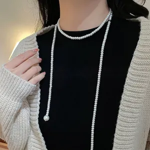 Elegant multi-layer long pearl sweater necklace with large pendant pearl for women