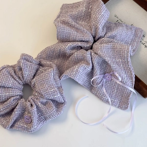 Elegant purple tweed hair scrunchie set featuring stylish buttons and silk ribbon bow