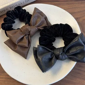 Double Layer Faux Leather Bow Scrunchies For Women High Elastic Velvet Hair Tie Vintage French Style Hair Accessory