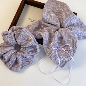 Elegant purple tweed hair scrunchie set with button and ribbon bow accessories