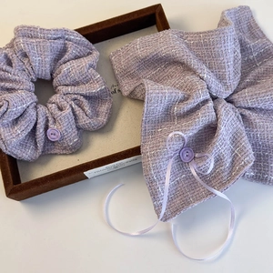 Elegant purple tweed hair scrunchie set with bow and silk ribbon on vintage tray