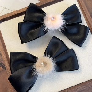 Eleganti Fermagli per Capelli con Fiocco in Raso Nero Pompon Strass Forcine Fatte a Mano per Accessori da Festa Donna