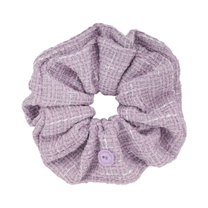 Elegant purple tweed scrunchie for women featuring a button detail and woven texture