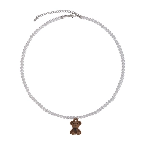 Collier de perles mignon avec pendentif ourson en velours marron et chaîne réglable