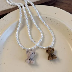 Ensemble de colliers en perles avec pendentifs ours en velours beige et marron