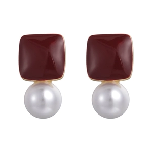 Elegant red enamel square earrings with a white faux pearl drop and golden metal finish