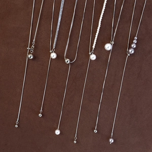 Adjustable S925 silver long necklace collection with pearls and zircon pendants