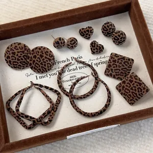 Vintage Flocking Geometric Leopard Print Stud Earrings For Women Retro Alloy Leopard Pattern Hoop Earrings Fashion Jewelry