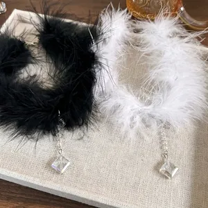 Vintage Feather Choker Necklace With Square Artificial Crystal Pendant Retro Gothic Tassel Neck Chain For Women Party