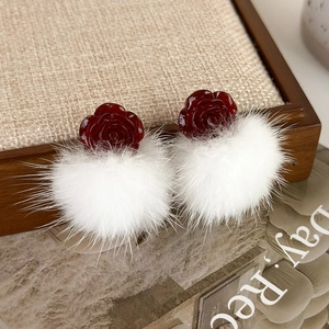 Vintage Red Rose Resin White Furry Ball Stud Earrings For Women Autumn Winter Sweet Elegant Floral Pom Pom Drop Earrings Jewelry