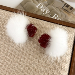 Winter rose flower earrings with soft white fur pom pom balls for women and girls