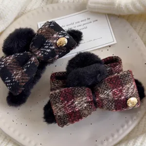 Plaid Bow Hair Claw Clip Autumn Winter Plush Faux Fur Shark Clip Fabric Bowknot Hair Accessories For Women Elegant