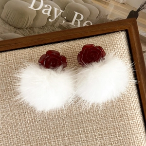 Winter elegant red rose earrings with soft white plush balls for a sweet feminine look