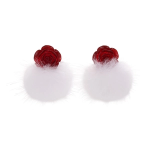 Sweet red rose stud earrings with white fluffy fur balls for autumn and winter outfits