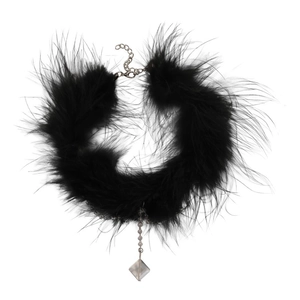 Vintage black feather choker necklace with crystal tassel and adjustable silver chain