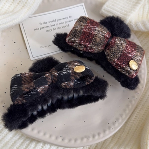 Elegant plaid bow plush hair claws in red-brown and black-coffee colors for women